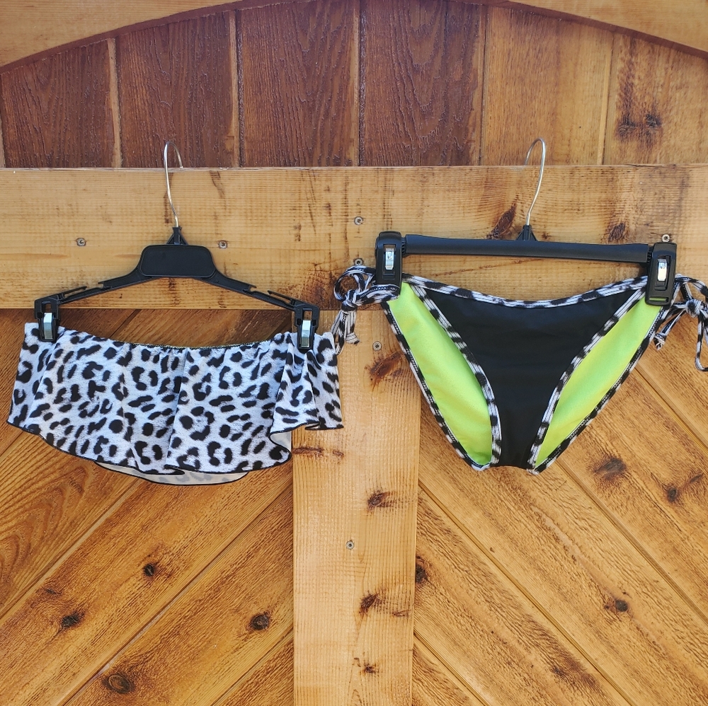 Hurley Snow Leopard and Neon Strapless Flounce Bikini Swim Set